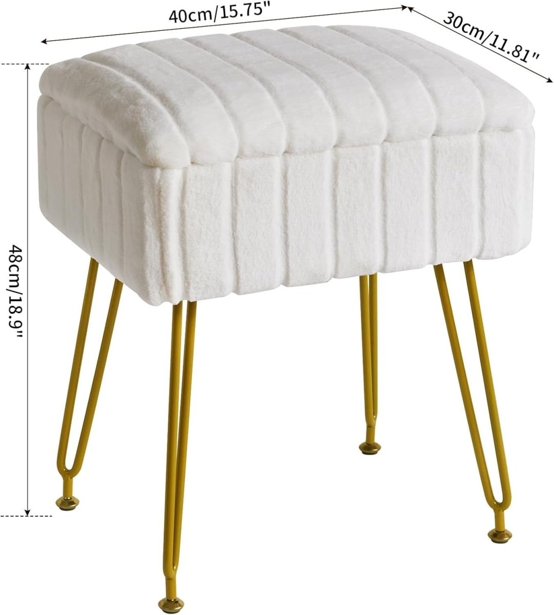 White Faux Fur Storage Footstool – Rectangular Stool with Metal Legs - Kwikley