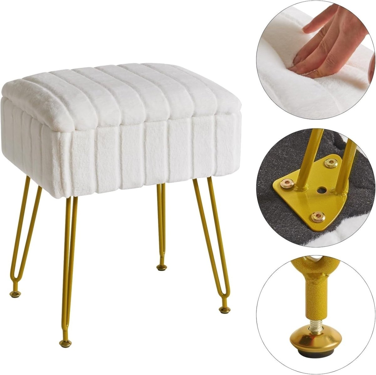 White Faux Fur Storage Footstool – Rectangular Stool with Metal Legs - Kwikley