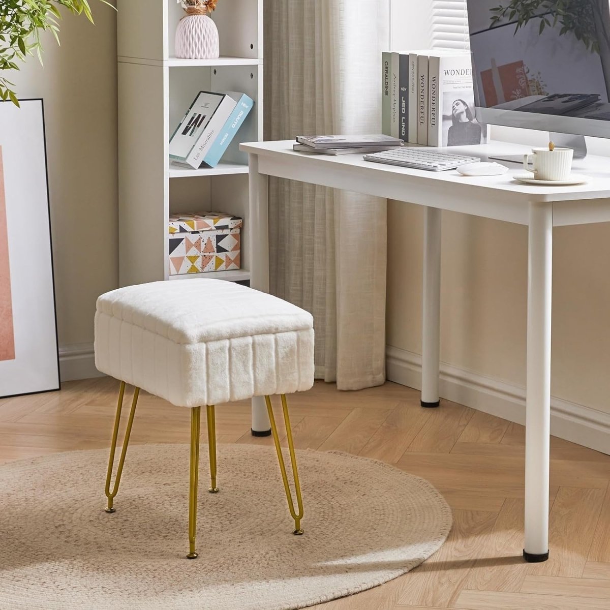 White Faux Fur Storage Footstool – Rectangular Stool with Metal Legs - Kwikley