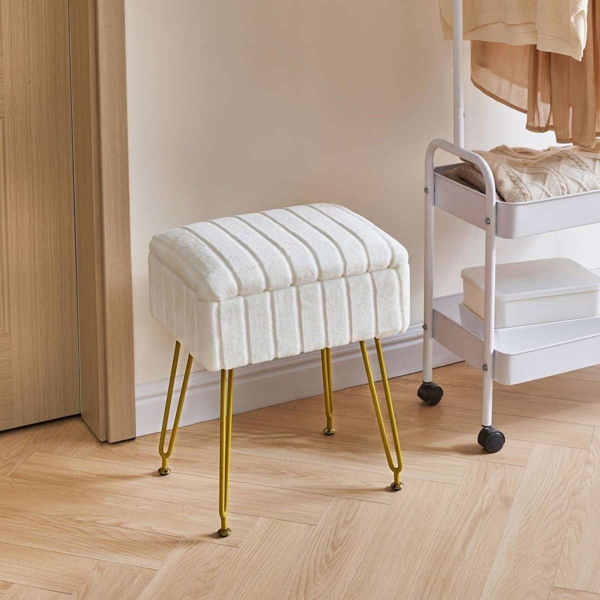 White Faux Fur Storage Footstool – Rectangular Stool with Metal Legs - Kwikley