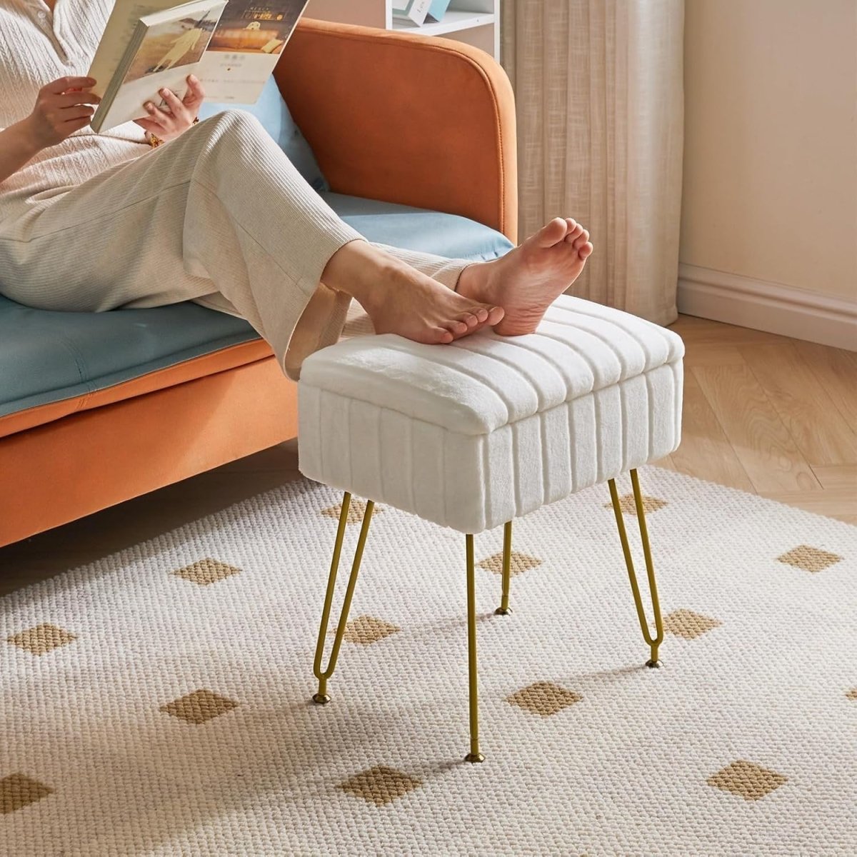 White Faux Fur Storage Footstool – Rectangular Stool with Metal Legs - Kwikley