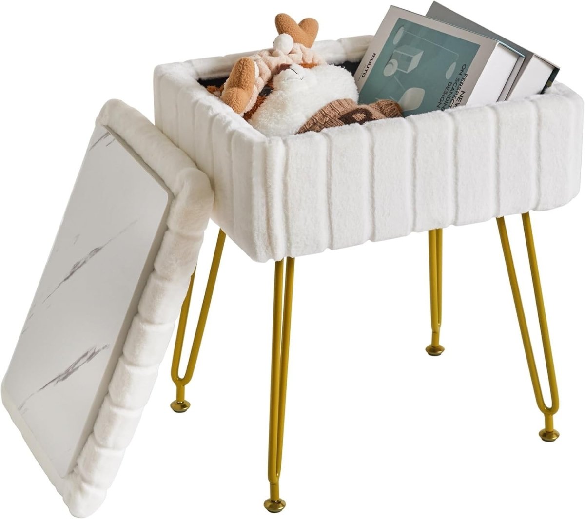 White Faux Fur Storage Footstool – Rectangular Stool with Metal Legs - Kwikley