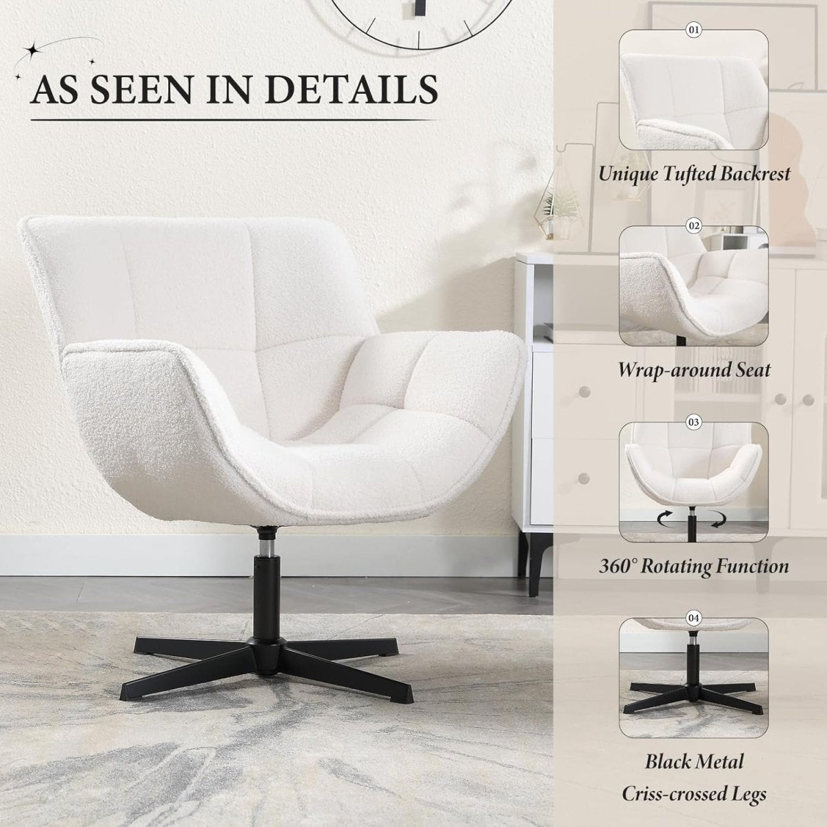 White Faux Fur Swivel Accent Chair 360° Upholstered Tub - Kwikley