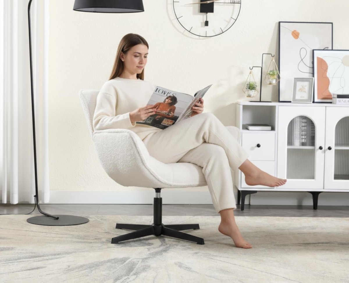 White Faux Fur Swivel Accent Chair 360° Upholstered Tub - Kwikley