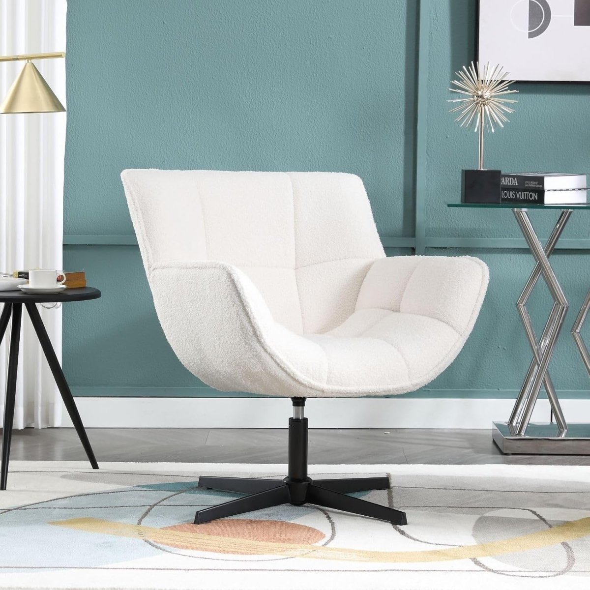 White Faux Fur Swivel Accent Chair 360° Upholstered Tub - Kwikley