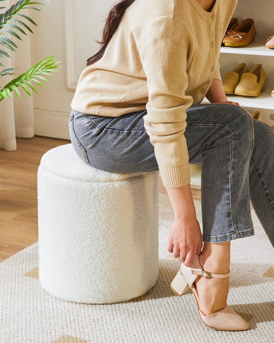 White Fleece Round Ottoman Set with Storage – Nesting Footstool & Side Table - Kwikley