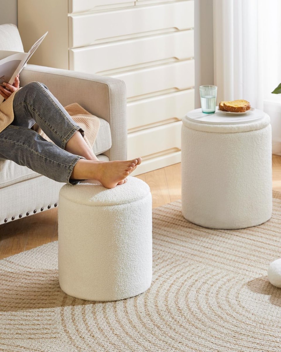 White Fleece Round Ottoman Set with Storage – Nesting Footstool & Side Table - Kwikley
