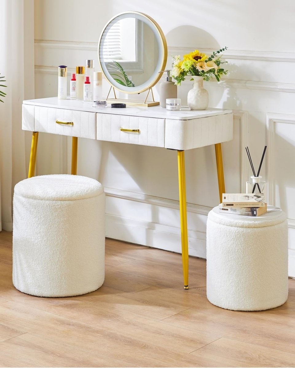 White Fleece Round Ottoman Set with Storage – Nesting Footstool & Side Table - Kwikley