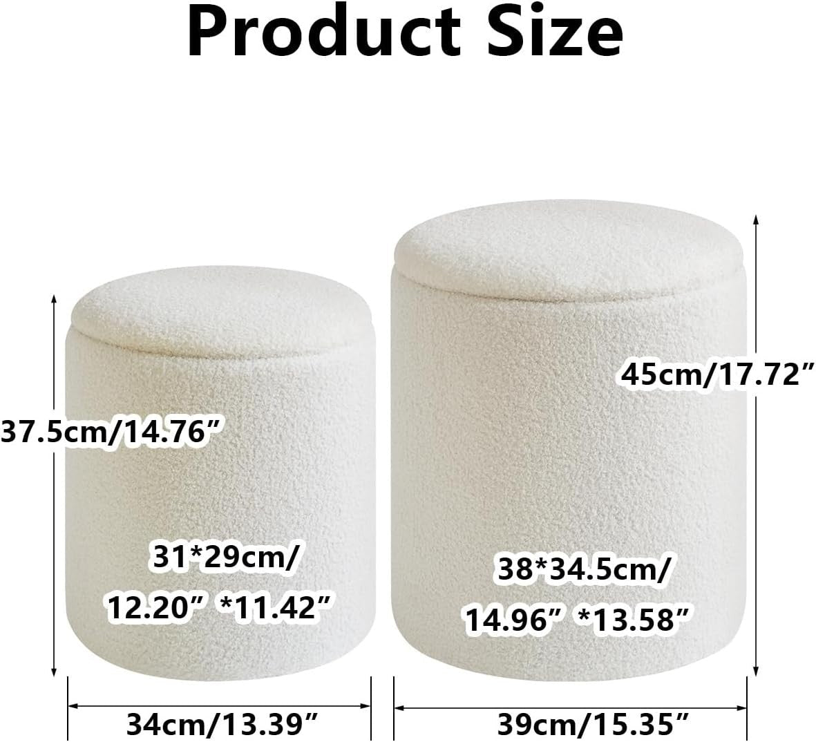 White Fleece Round Ottoman Set with Storage – Nesting Footstool & Side Table - Kwikley