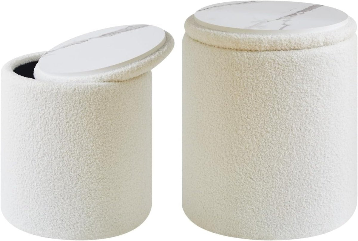 White Fleece Round Ottoman Set with Storage – Nesting Footstool & Side Table - Kwikley