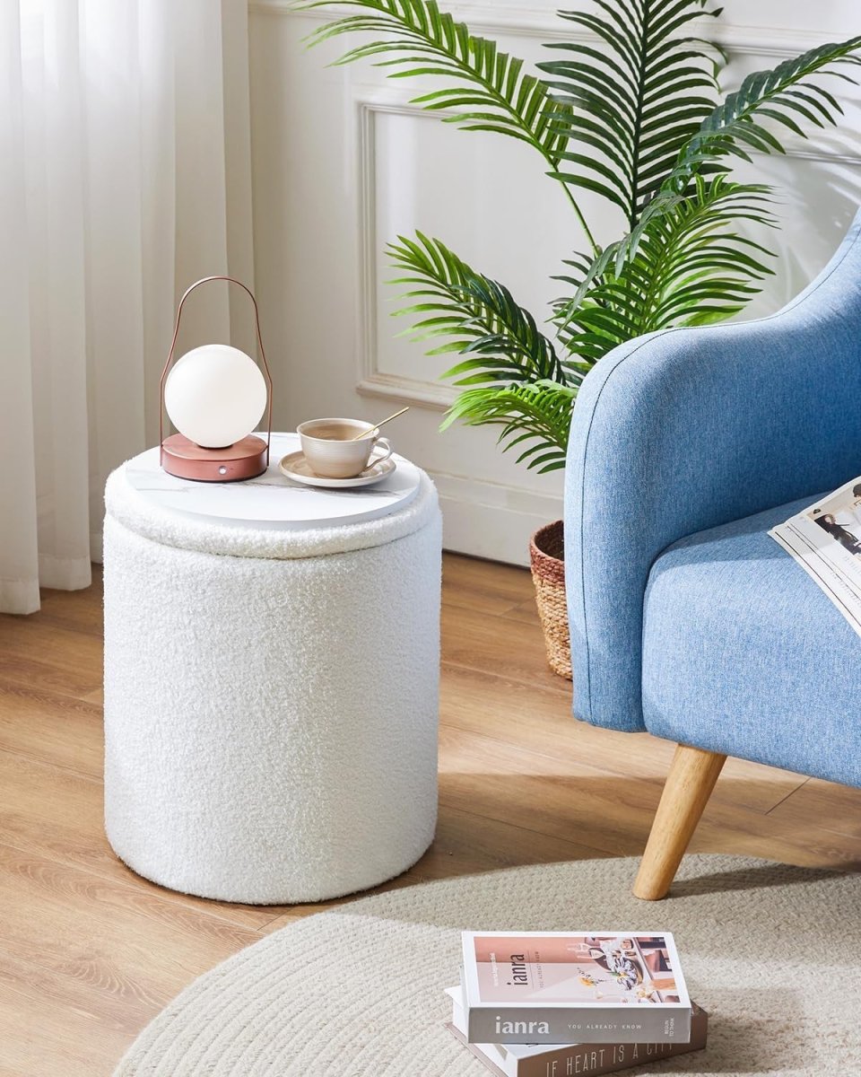 White Fleece Round Ottoman Set with Storage – Nesting Footstool & Side Table - Kwikley