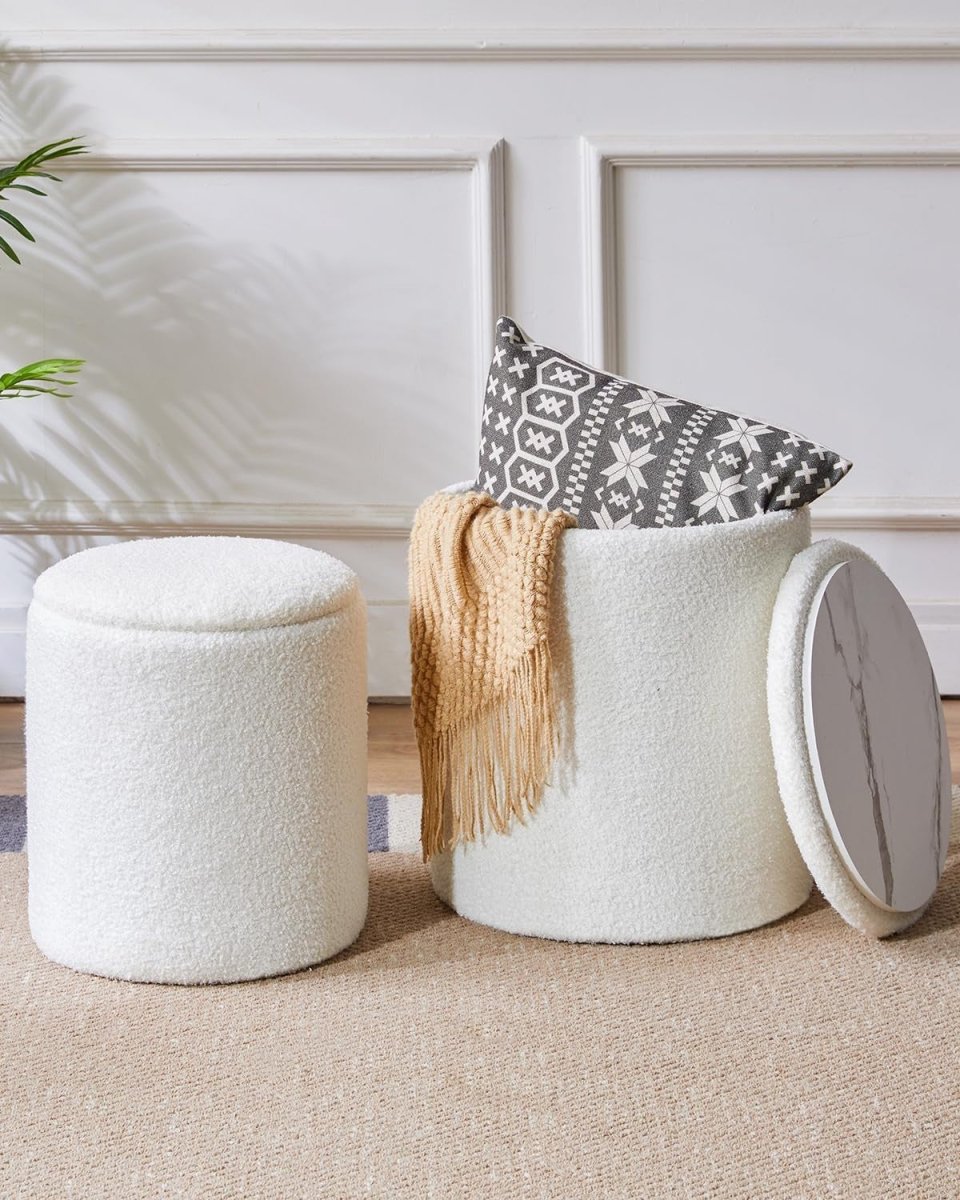 White Fleece Round Ottoman Set with Storage – Nesting Footstool & Side Table - Kwikley