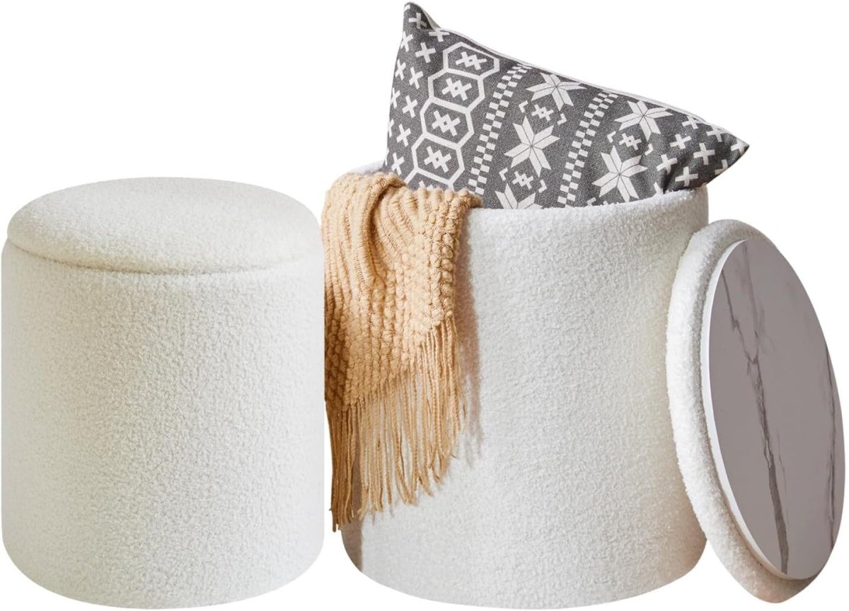 White Fleece Round Ottoman Set with Storage – Nesting Footstool & Side Table - Kwikley
