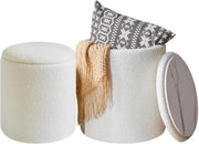 White Fleece Round Ottoman Set with Storage – Nesting Footstool & Side Table - Kwikley