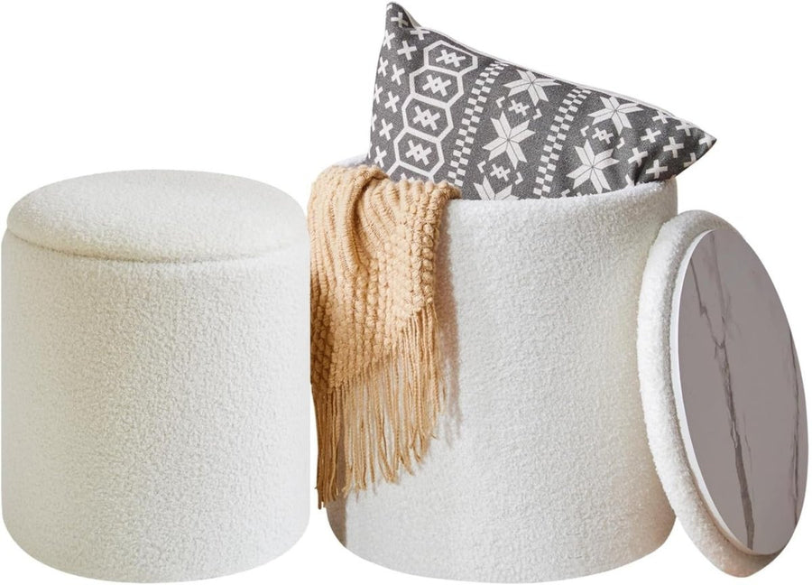 White Fleece Round Ottoman Set with Storage – Nesting Footstool & Side Table - Kwikley