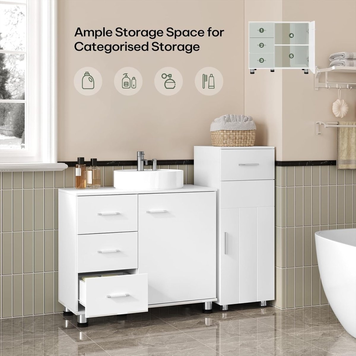White Floor Standing Vanity Unit – Bathroom Cabinet with Drawers & Door - Kwikley