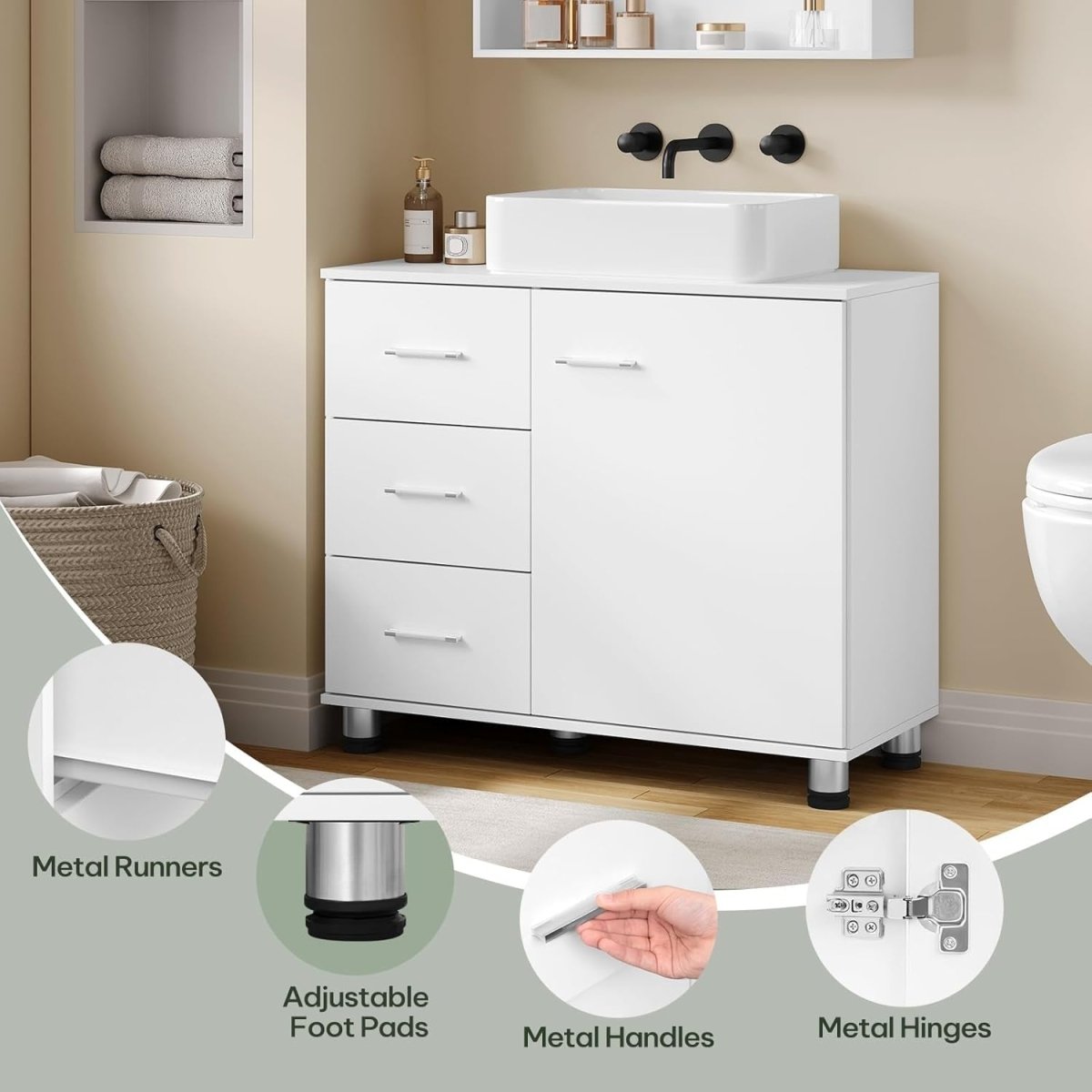 White Floor Standing Vanity Unit – Bathroom Cabinet with Drawers & Door - Kwikley