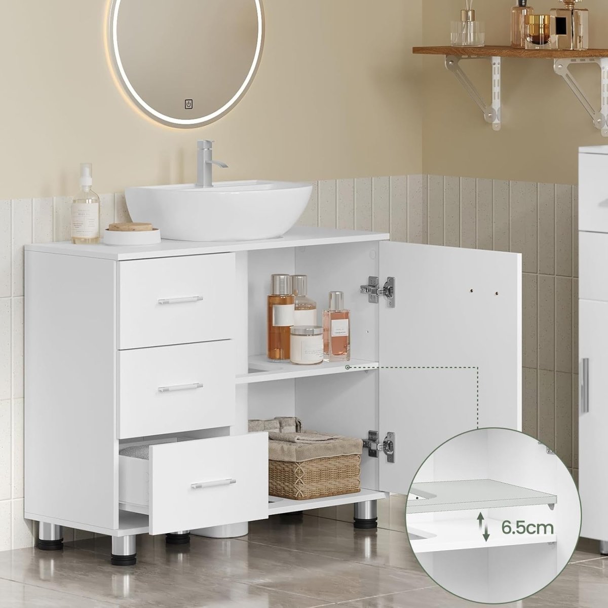 White Floor Standing Vanity Unit – Bathroom Cabinet with Drawers & Door - Kwikley