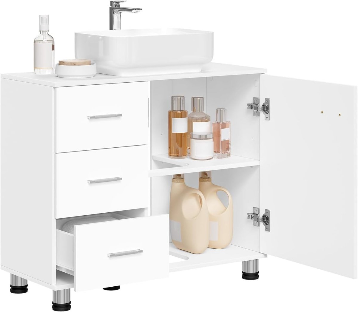 White Floor Standing Vanity Unit – Bathroom Cabinet with Drawers & Door - Kwikley