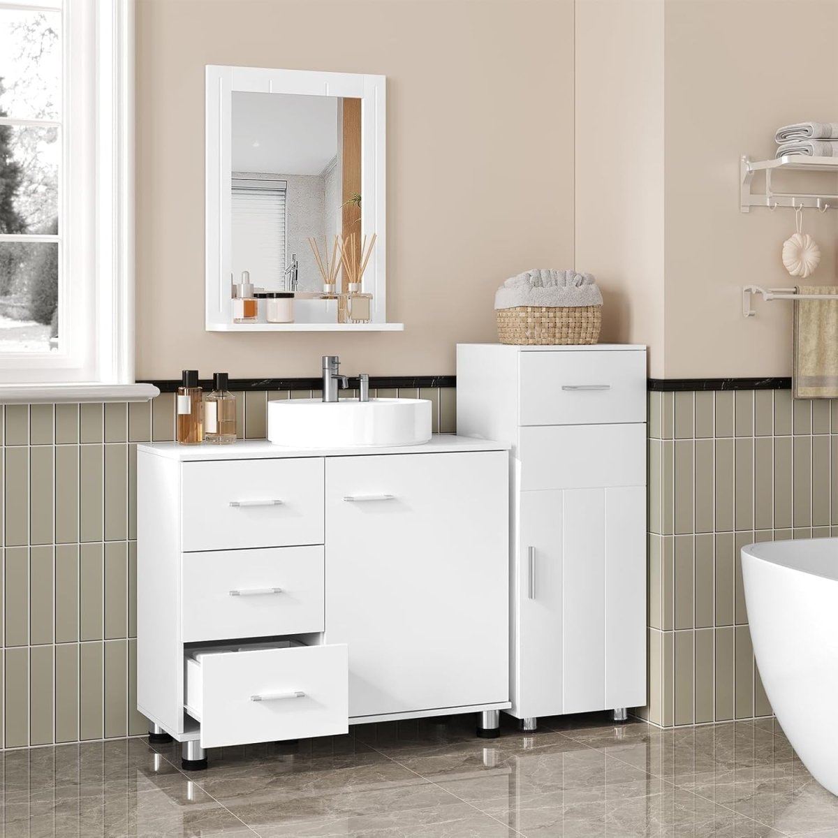 White Floor Standing Vanity Unit – Bathroom Cabinet with Drawers & Door - Kwikley