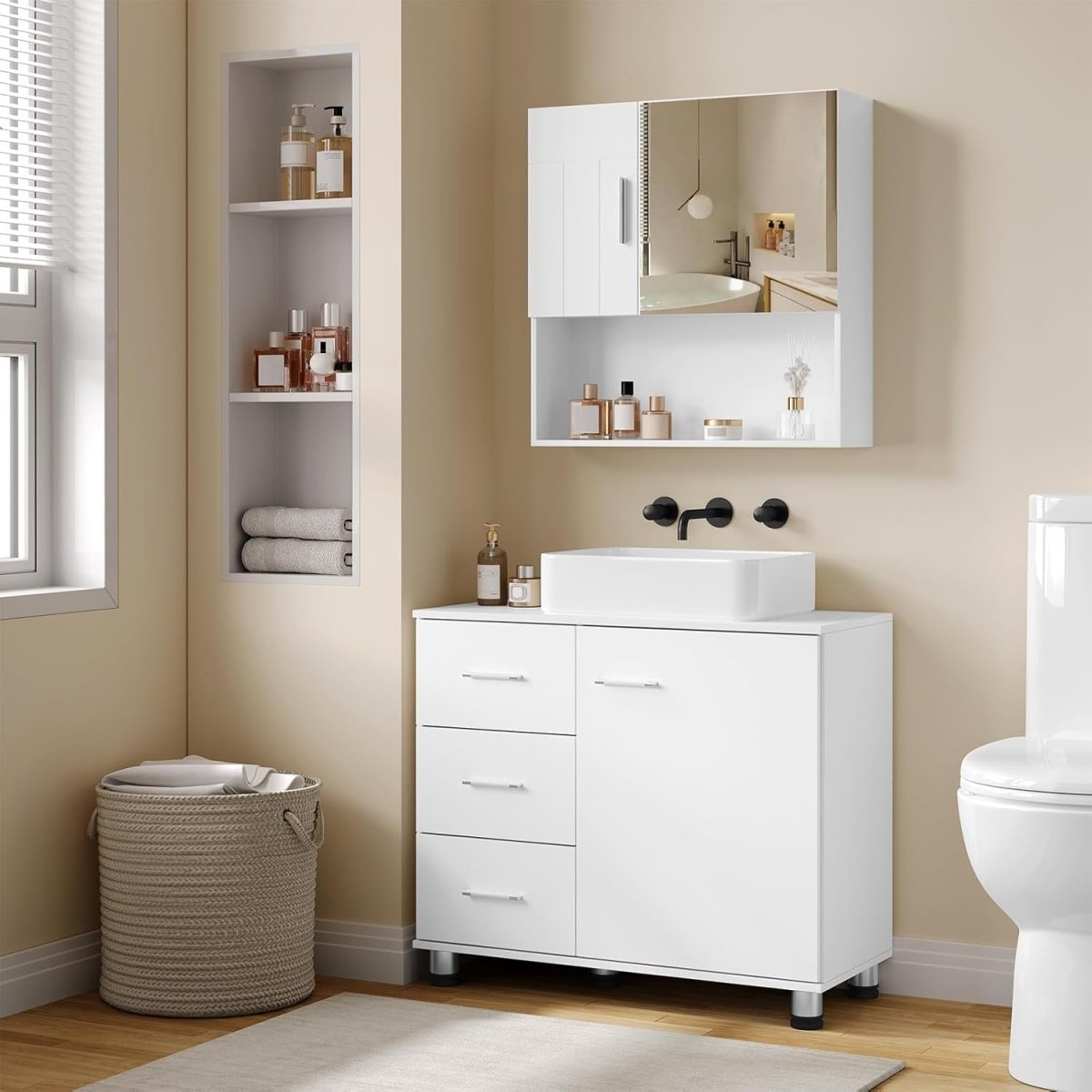 White Floor Standing Vanity Unit – Bathroom Cabinet with Drawers & Door - Kwikley