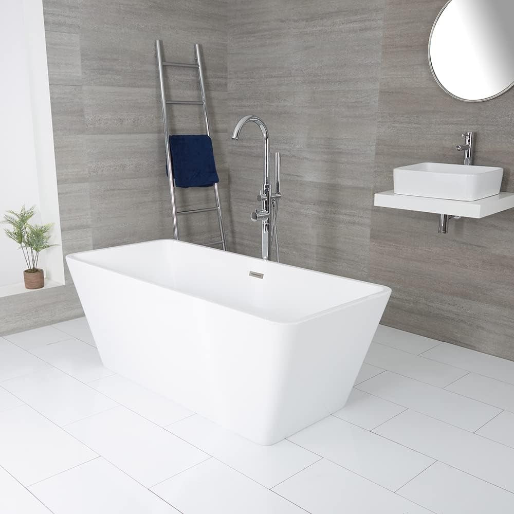 White Freestanding Double Ended Square Bath 1615x720mm Nickel Overflow - Kwikley