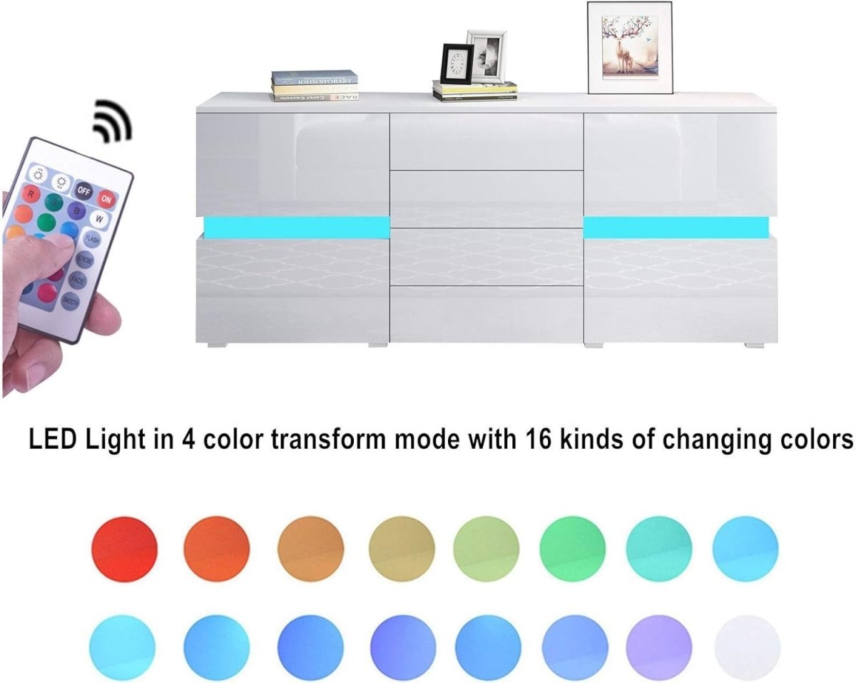 White Gloss Sideboard 4 Drawers 2 Doors LED Light Cabinet 177cm TV Stand - Kwikley