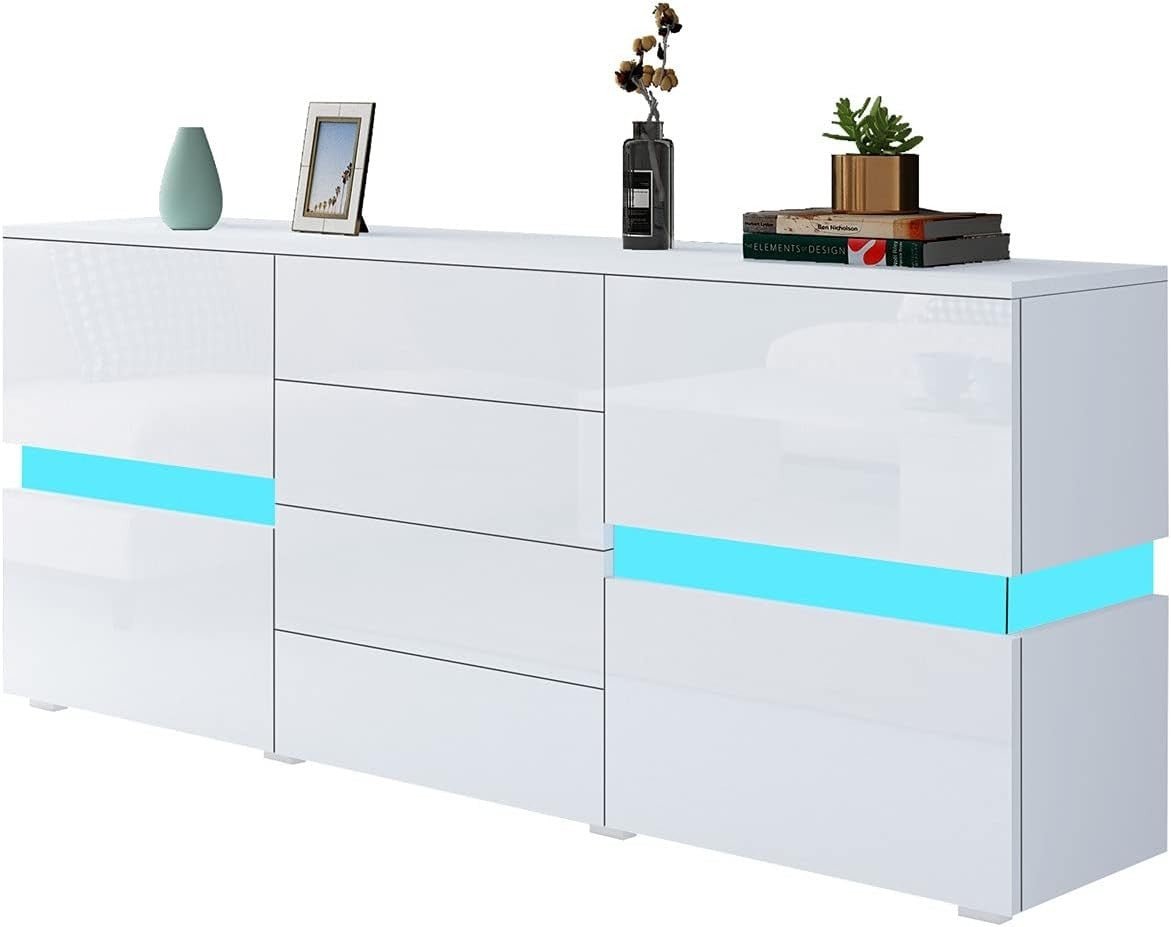 White Gloss Sideboard 4 Drawers 2 Doors LED Light Cabinet 177cm TV Stand - Kwikley