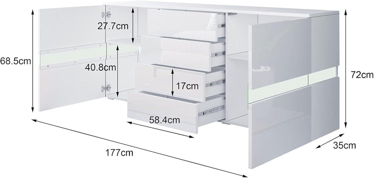 White Gloss Sideboard 4 Drawers 2 Doors LED Light Cabinet 177cm TV Stand - Kwikley