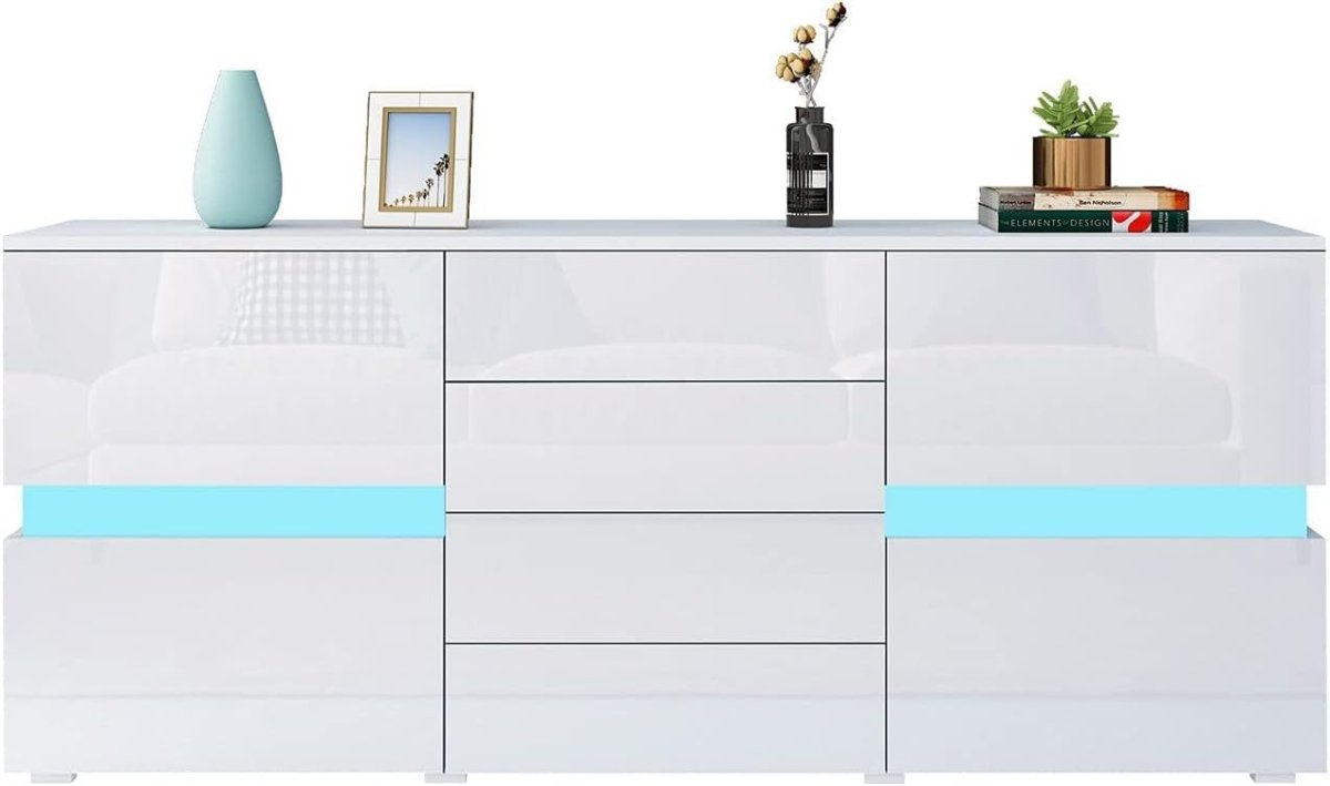 White Gloss Sideboard 4 Drawers 2 Doors LED Light Cabinet 177cm TV Stand - Kwikley