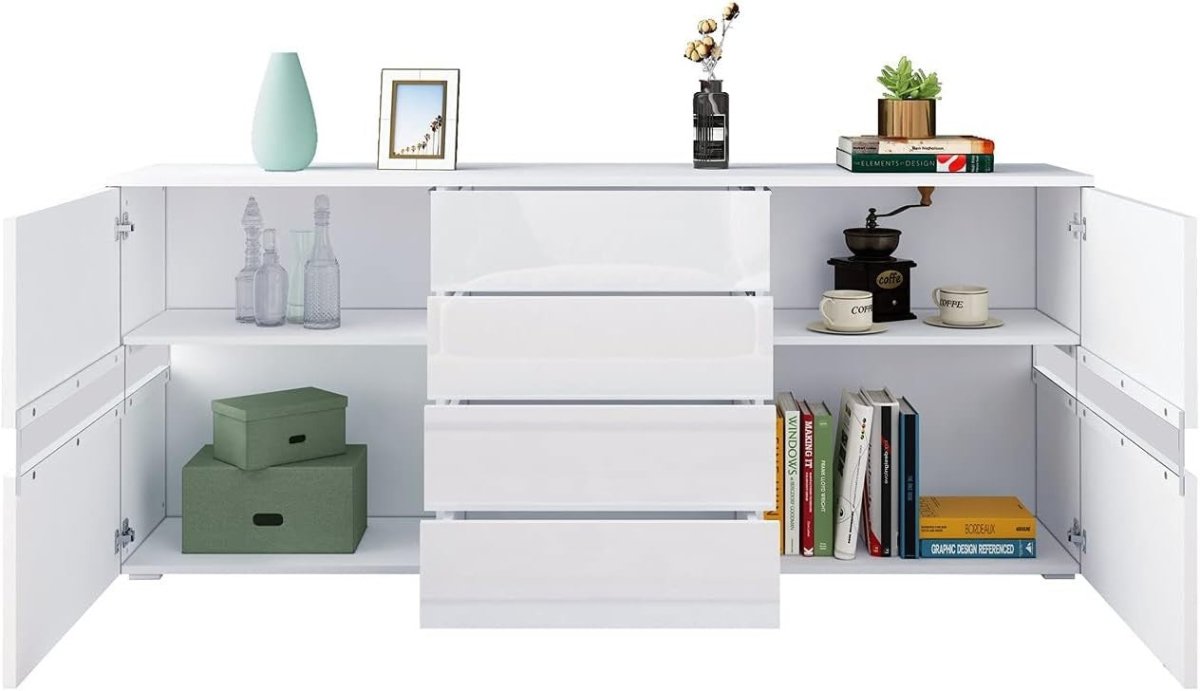 White Gloss Sideboard 4 Drawers 2 Doors LED Light Cabinet 177cm TV Stand - Kwikley