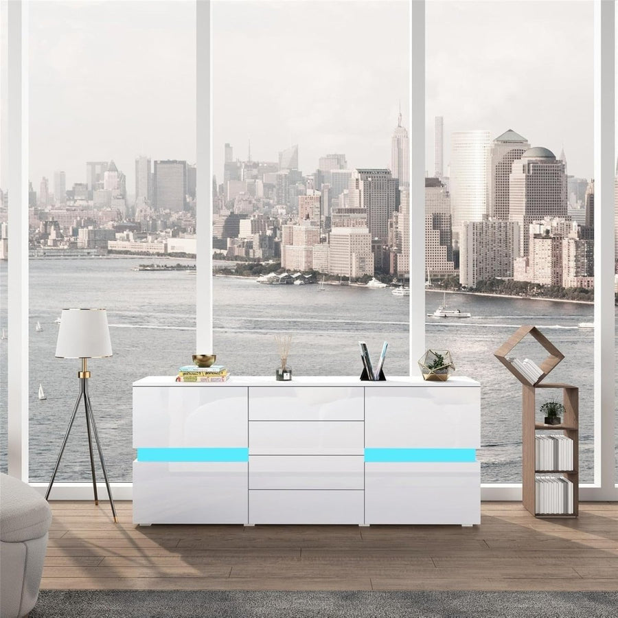 White Gloss Sideboard 4 Drawers 2 Doors LED Light Cabinet 177cm TV Stand - Kwikley