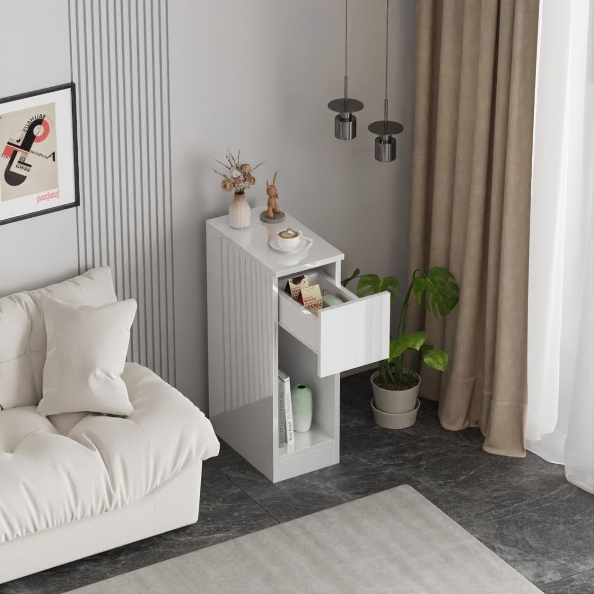 White Gloss Slim Bedside Table with Drawer & Shelf, Narrow Nightstand Storage - Kwikley