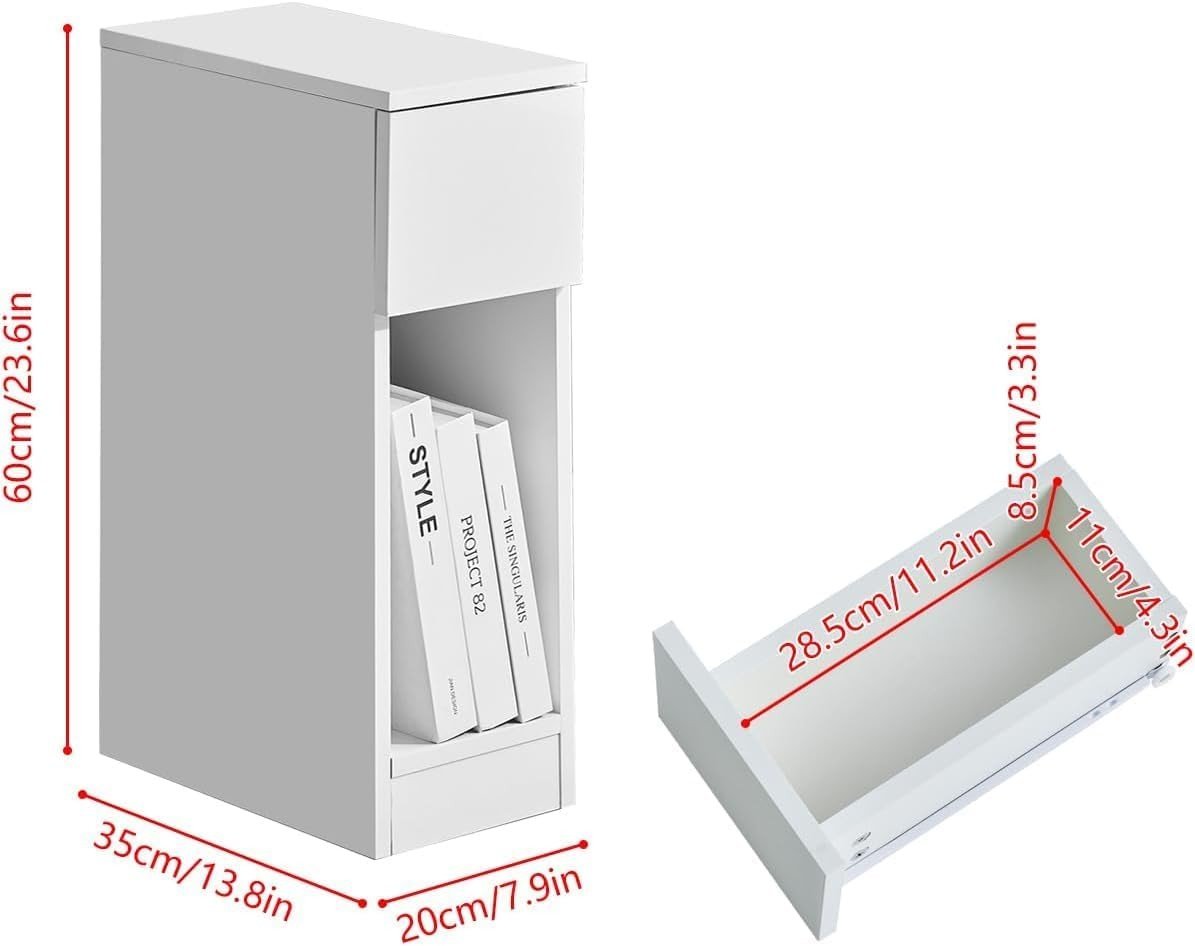 White Gloss Slim Bedside Table with Drawer & Shelf, Narrow Nightstand Storage - Kwikley