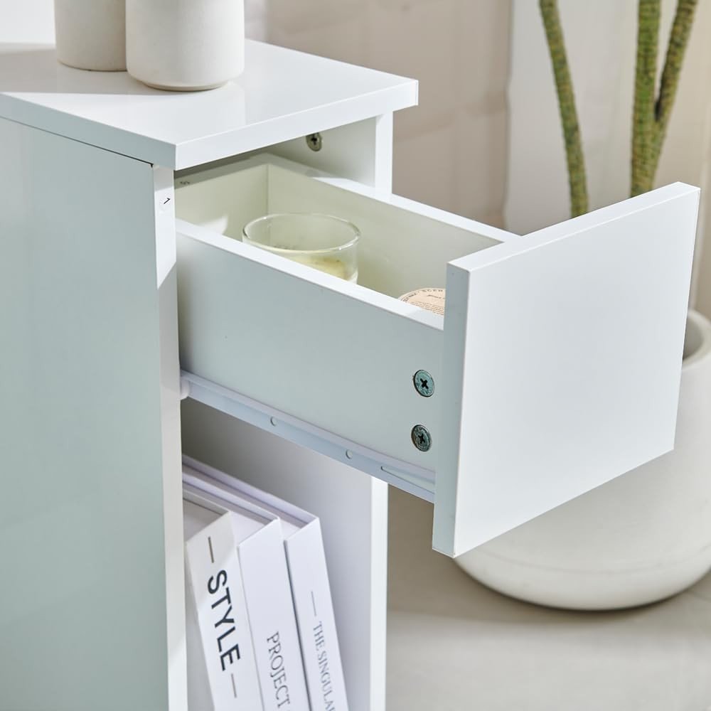 White Gloss Slim Bedside Table with Drawer & Shelf, Narrow Nightstand Storage - Kwikley