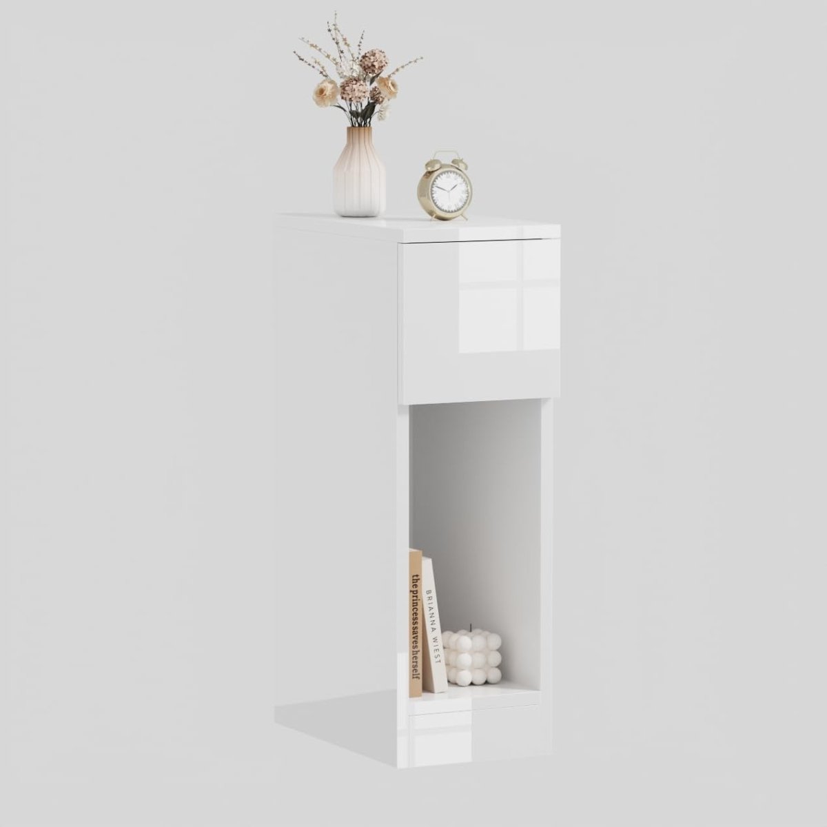 White Gloss Slim Bedside Table with Drawer & Shelf, Narrow Nightstand Storage - Kwikley