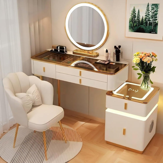 White-Gold Vanity Desk with LED Mirror & Sideboard | Makeup Dressing Table Set