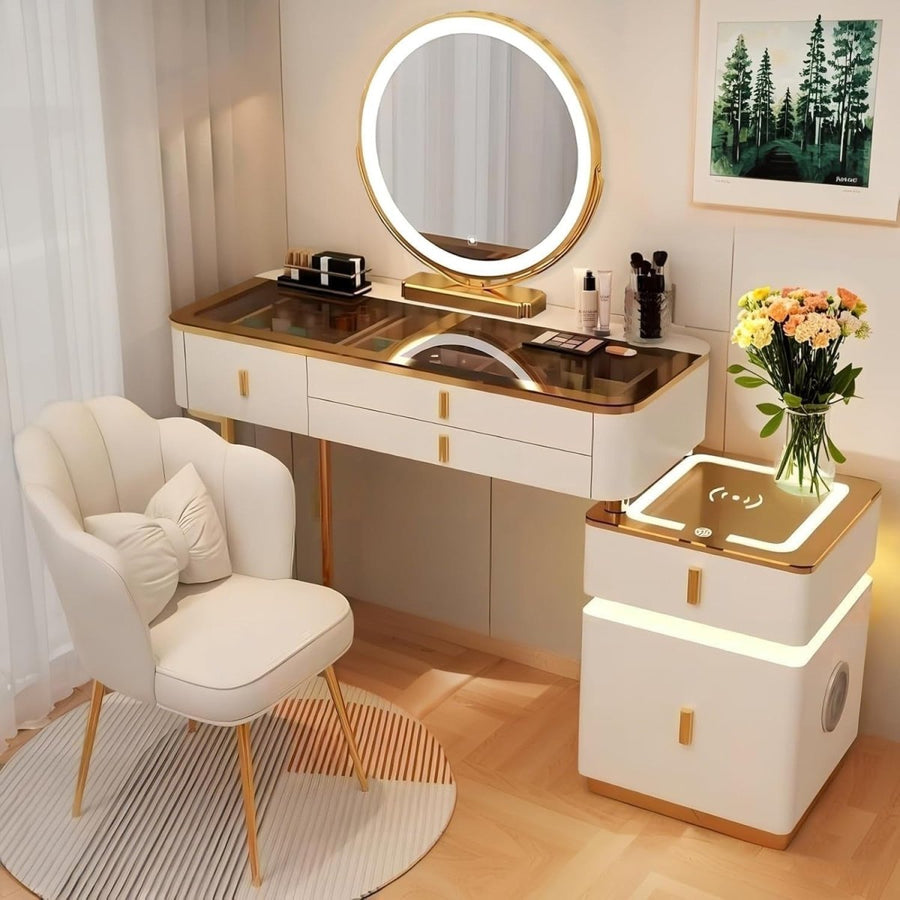 White-Gold Vanity Desk with LED Mirror & Sideboard | Makeup Dressing Table Set - Kwikley