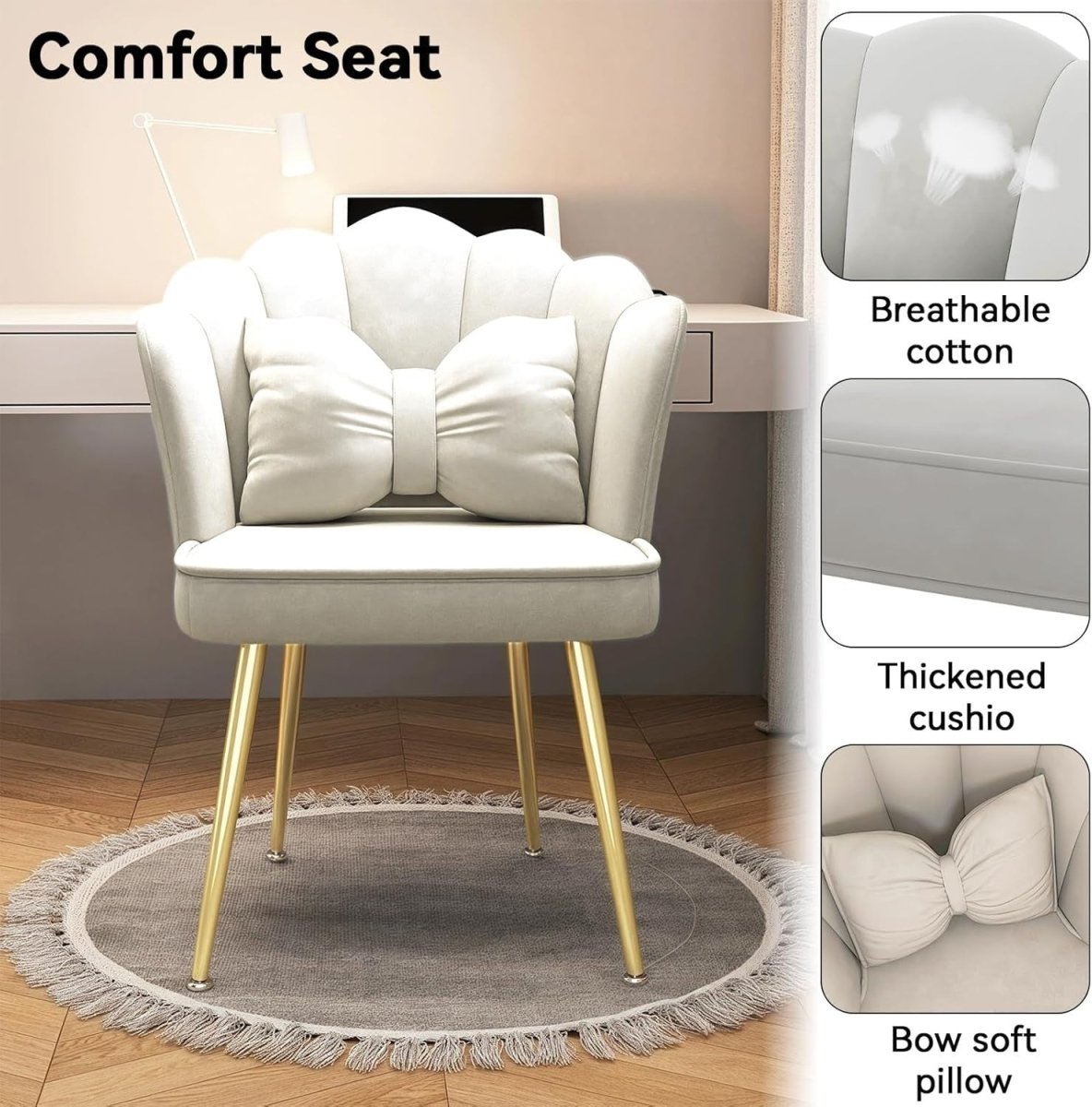 White Gold Velvet Tub Chair Petal Back Modern Vanity Armchair with Footpads - Kwikley