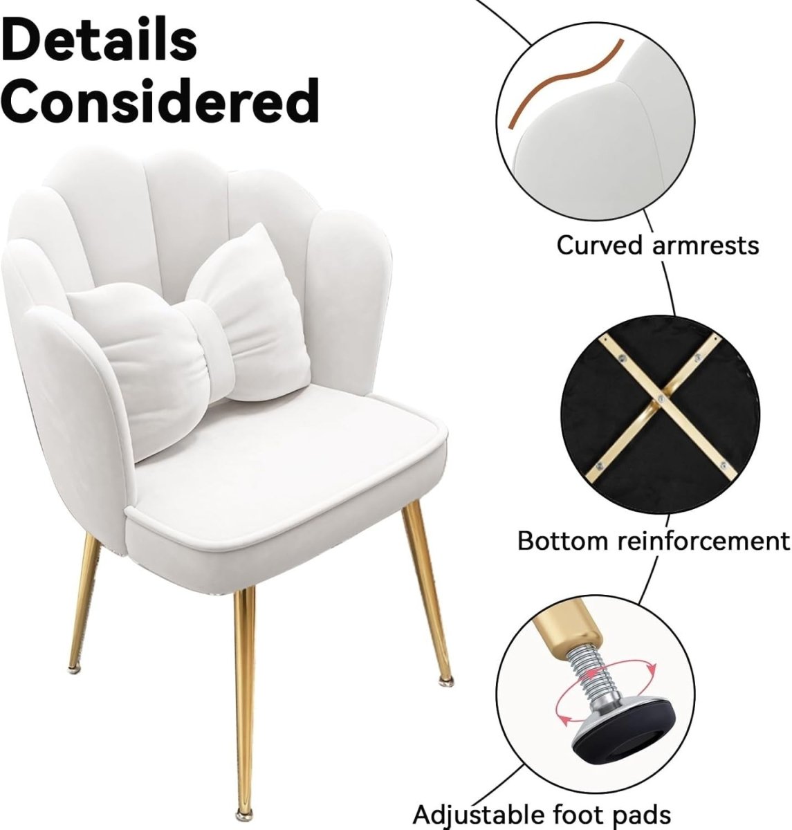 White Gold Velvet Tub Chair Petal Back Modern Vanity Armchair with Footpads - Kwikley