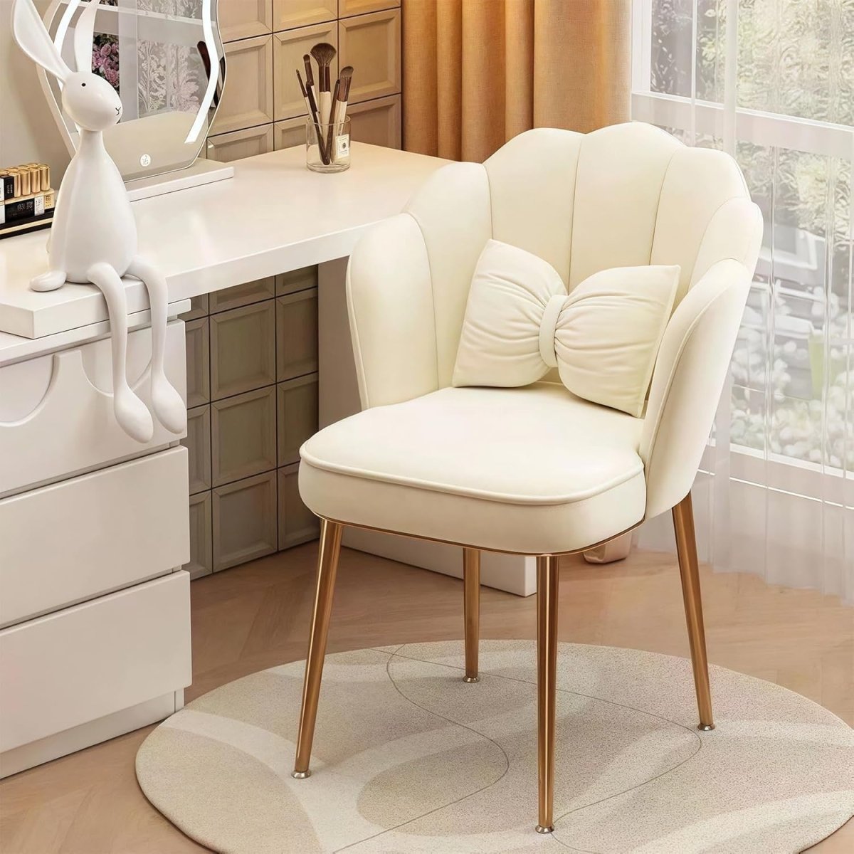 White Gold Velvet Tub Chair Petal Back Modern Vanity Armchair with Footpads - Kwikley