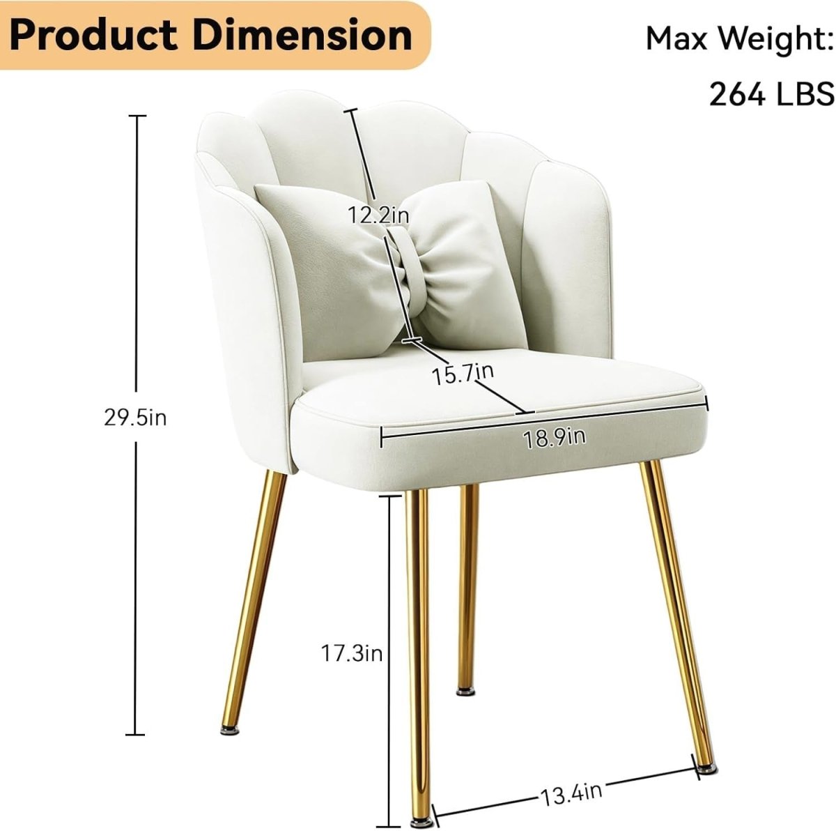 White Gold Velvet Tub Chair Petal Back Modern Vanity Armchair with Footpads - Kwikley