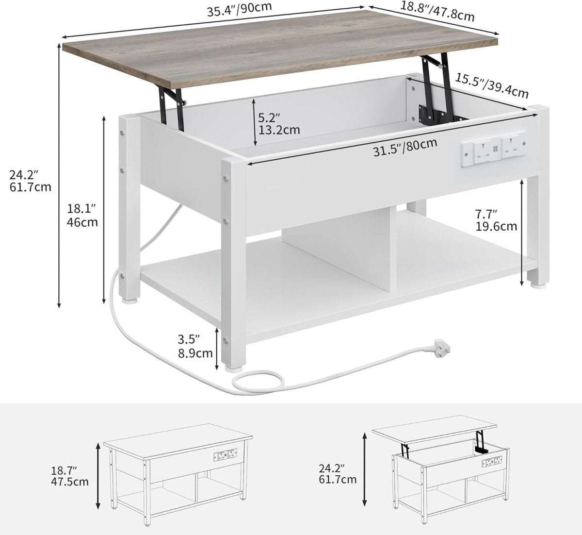 White Grey Lift Top Coffee Table with Hidden Storage, Charging Ports & LED Light - Kwikley