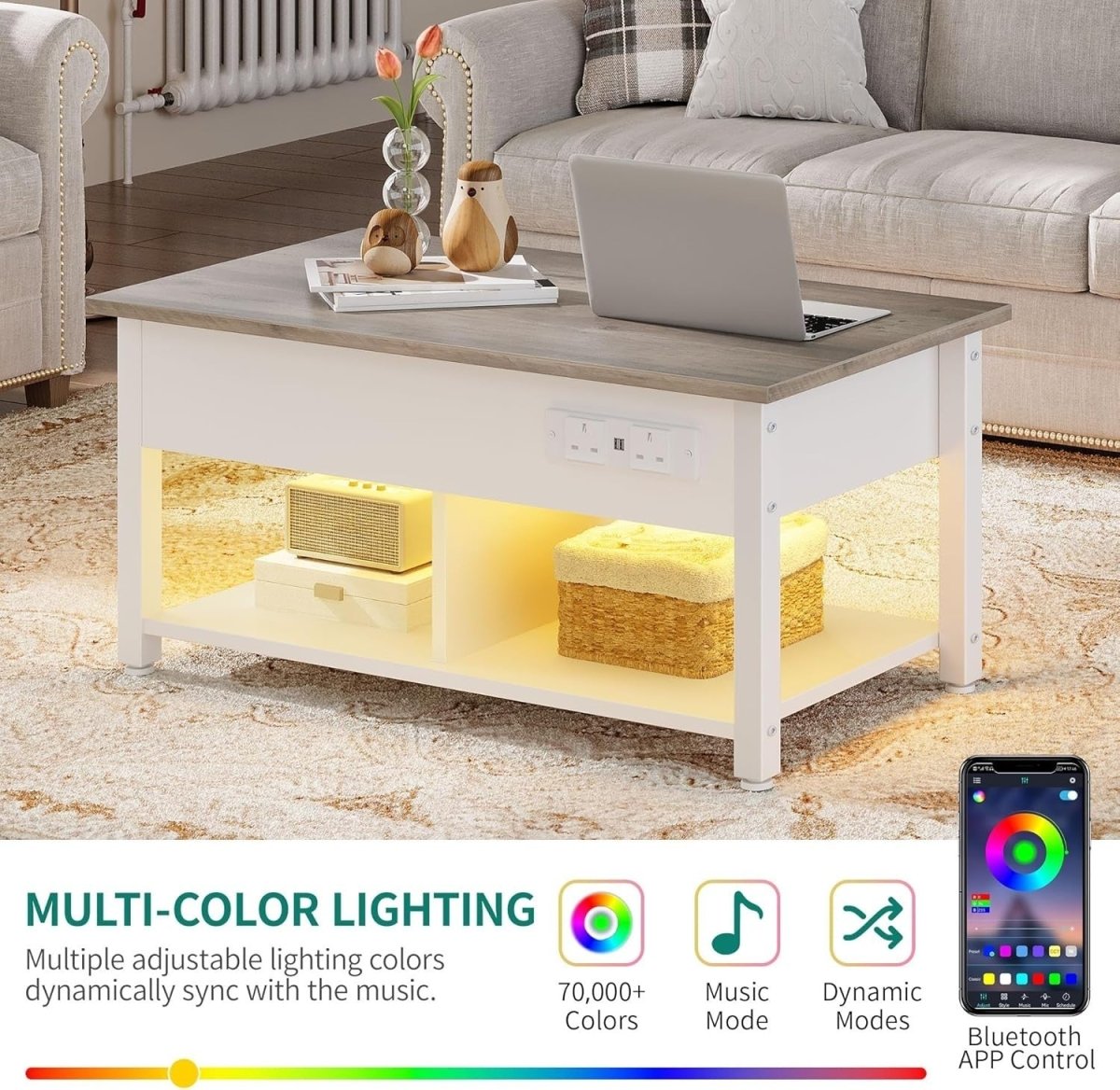 White Grey Lift Top Coffee Table with Hidden Storage, Charging Ports & LED Light - Kwikley