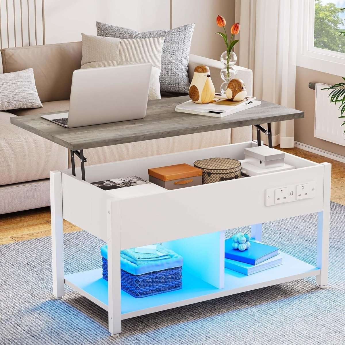 White Grey Lift Top Coffee Table with Hidden Storage, Charging Ports & LED Light - Kwikley