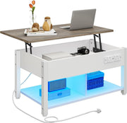 White Grey Lift Top Coffee Table with Hidden Storage, Charging Ports & LED Light - Kwikley