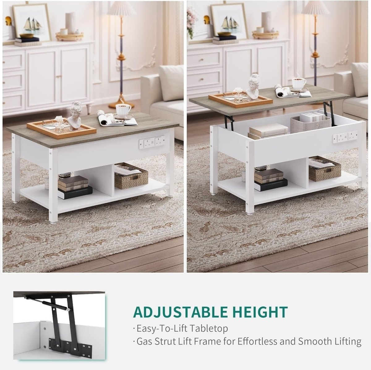 White Grey Lift Top Coffee Table with Hidden Storage, Charging Ports & LED Light - Kwikley