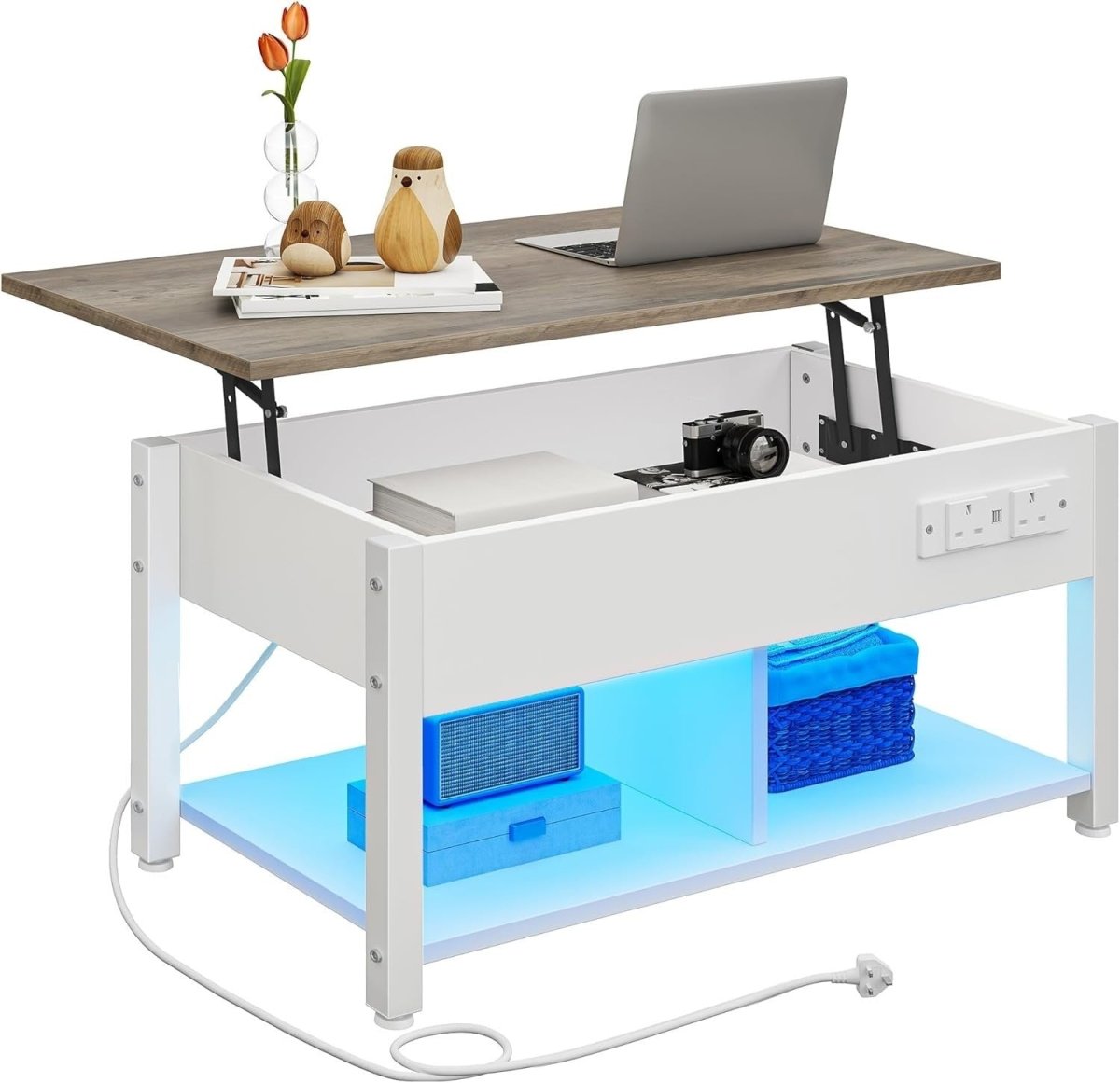 White Grey Lift Top Coffee Table with Hidden Storage, Charging Ports & LED Light - Kwikley
