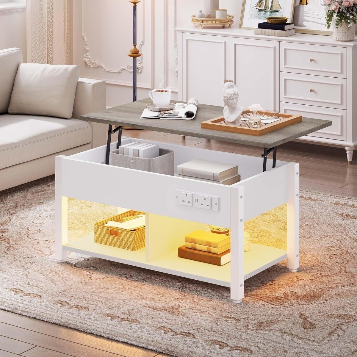 White Grey Lift Top Coffee Table with Hidden Storage, Charging Ports & LED Light - Kwikley