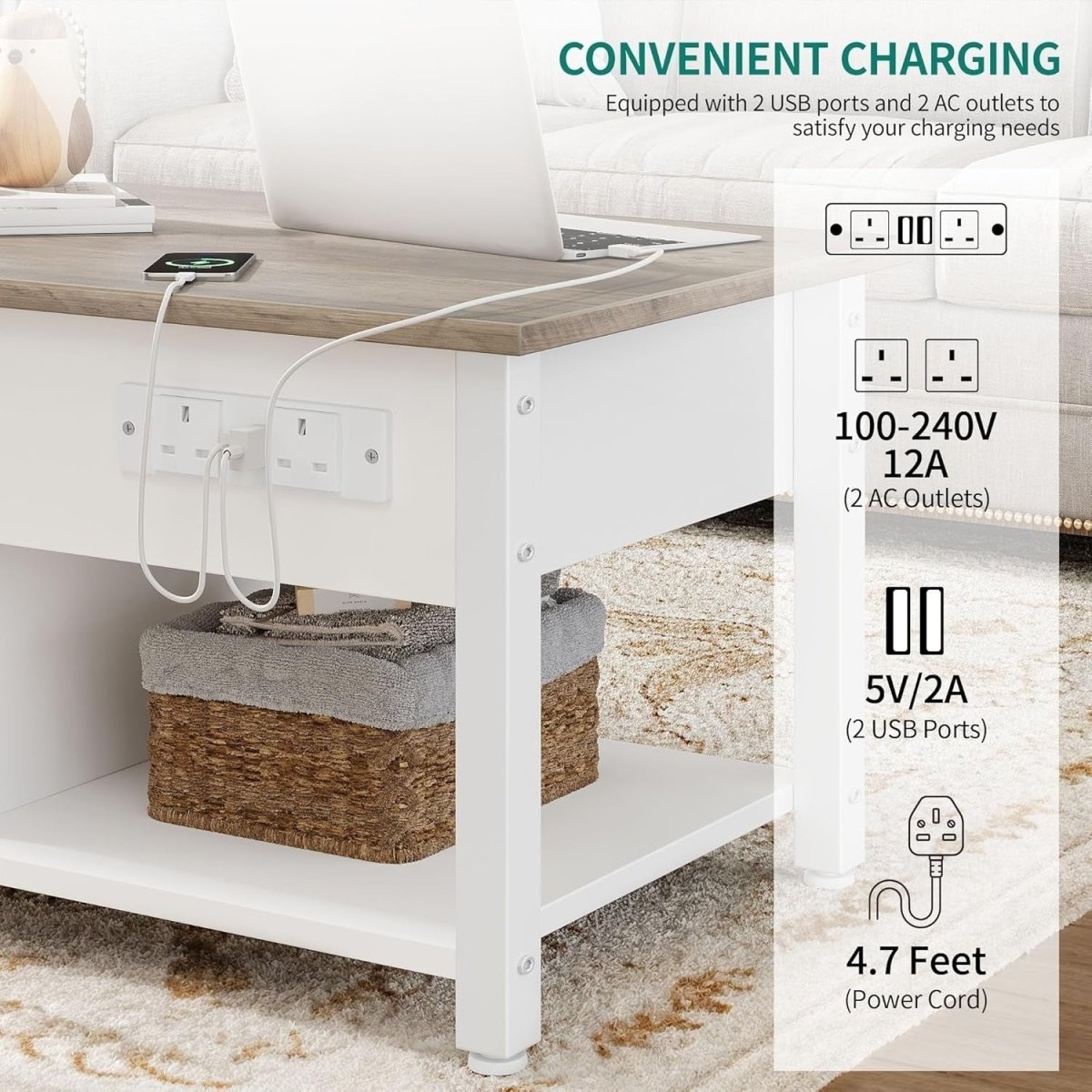 White Grey Lift Top Coffee Table with Hidden Storage, Charging Ports & LED Light - Kwikley